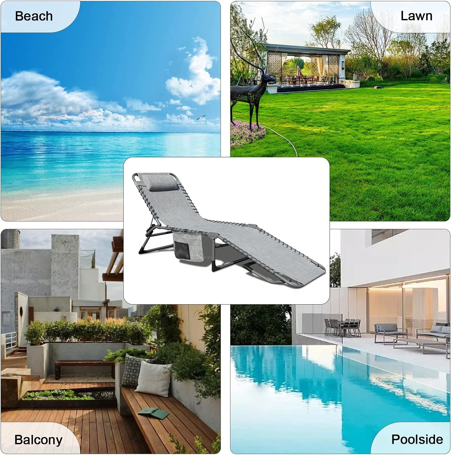 Foldable Patio Chaise Lounge Chair for Outdoor with Detachable Pocket and Pillow, Portable Adjustable Sun Lounger Recliner for Beach, Camping and Pool Doba